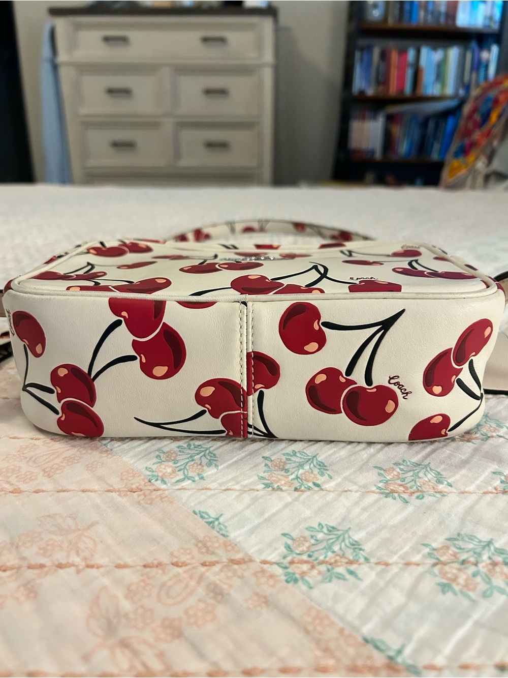COACH Jamie Camera Bag With Cherry Print In Smooth Leather In Chalk Colorway GUC - Picture 2 of 13